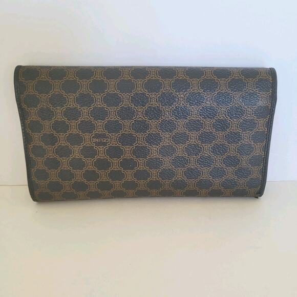 Celine Vintage Trifold Leather Large Wallet Macadam Brown Black Long Logo Design - Picture 2 of 14